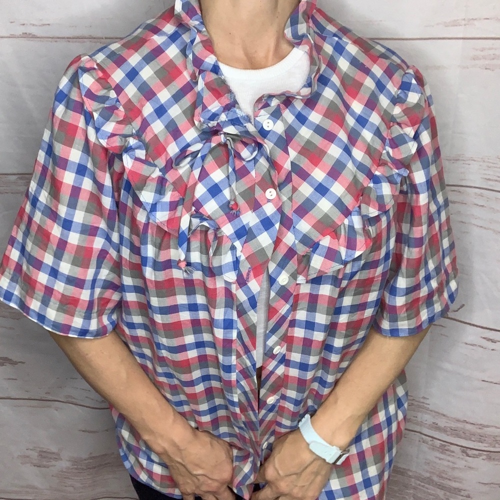 Vintage 70s coastal cowgirl ruffled check short sleeve western style blouse - Picture 11 of 11
